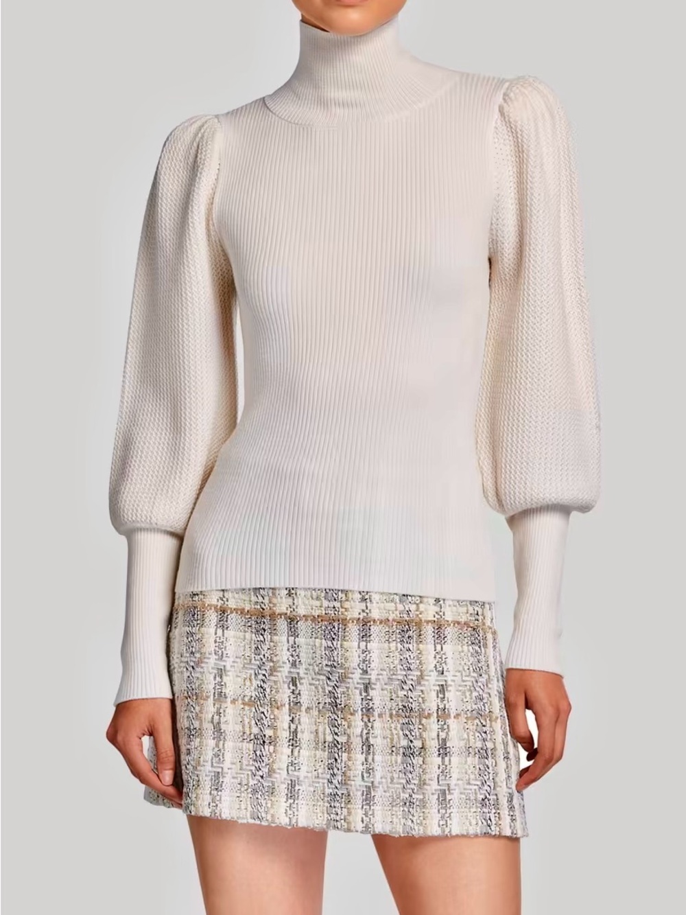 Alice + Olivia Babette Cream Ivory Puff-Sleeve Turtleneck Wool Sweater XS